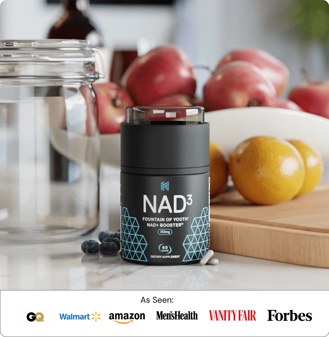 NAD3® supplement bottle with fruit and featured publication logos